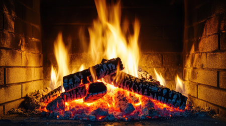 A mesmerizing close-up of a fire in a fireplace, with the flames providing a warm glow against a clean, empty background for copy.の素材