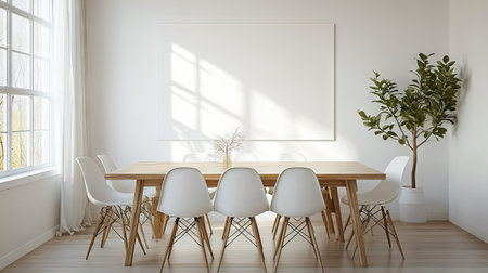 A Nordic-inspired dining room with a simple wooden table, white chairs, and an uncluttered layout. Blank wall space around for copy, creating an airy, open feel.の素材