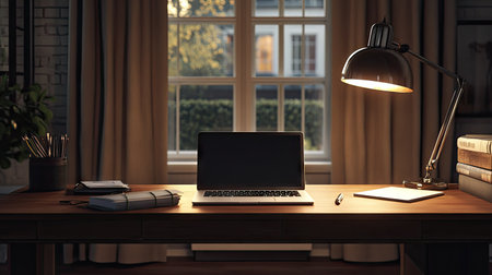 A modern work desk with a laptop, notebook, and desk lamp. The clean, open workspace and surrounding area are perfect for adding text.の素材