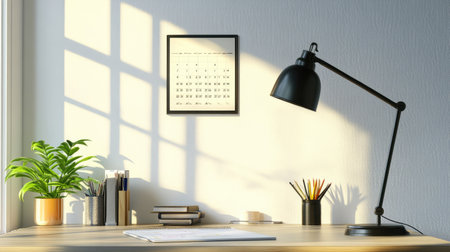 A modern office desk with a neat arrangement of office supplies, a desk lamp, and a calendar. The empty space around the items allows for clear copy placement.の素材
