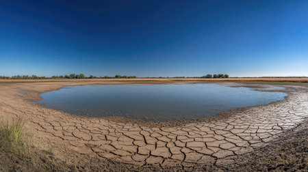 A parched lake with low water levels and cracked mud. The clear sky and dry land around the lake offer ample space for copy on global warming.の素材