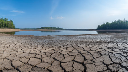 A parched lake with low water levels and cracked mud. The clear sky and dry land around the lake offer ample space for copy on global warming.の素材