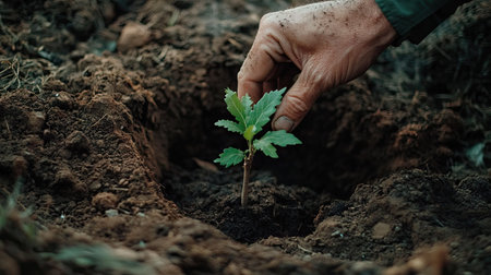 A person carefully placing a young tree into a hole, with the surrounding soil and background providing clear space for text.の素材