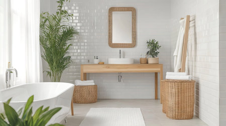 A Nordic-style bathroom with clean lines, light wood elements, and white tiles. Open space around the fixtures creates ample room for copy. -の素材