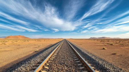 A panoramic view of a railway line cutting through a vast desert landscape with a clean, expansive sky. The open space around the tracks provides ample room for text.の素材