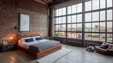 A modern loft bedroom with industrial elements, such as exposed brick walls, high ceilings, and large windows overlooking a cityscape. The open floor plan adds space.の素材