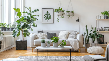 A Nordic living room featuring soft gray tones, white walls, and green indoor plants. The clean and airy layout provides open space for text.の素材