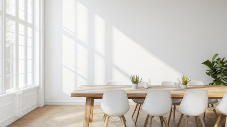 A Nordic-inspired dining room with a simple wooden table, white chairs, and an uncluttered layout. Blank wall space around for copy, creating an airy, open feel.の素材