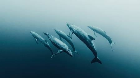 A group of whales swimming in a formation with a clear, expansive ocean background. The empty space around them provides room for text.の素材