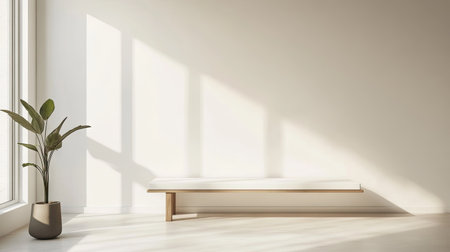 A minimalist home entryway featuring a simple bench, white walls, and uncluttered space for text. The design emphasizes functionality and simplicity.の素材