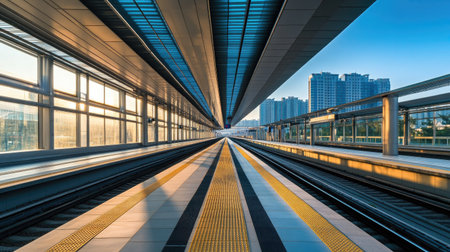 A modern railway station with sleek design and an empty platform. The ample space around the station provides a great area for adding copy.の素材