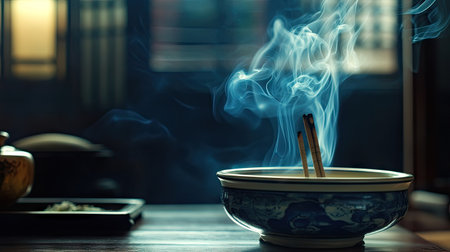 A wispy trail of smoke rising from a burning incense stick. The ethereal smoke forms an abstract design with plenty of room for copy.の素材