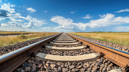 A wide-angle view of railway tracks running parallel with a clean, distant horizon. The ample space around the tracks is ideal for adding text.の素材