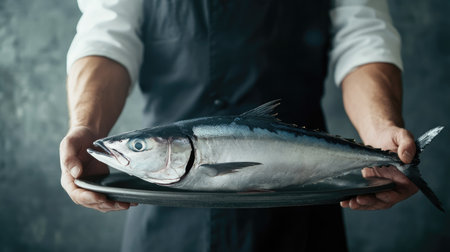 A whole tuna being placed on a serving platter with a simple, elegant backdrop. The ample space around the fish allows for text placementの素材