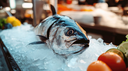 A whole tuna on ice at a seafood market with a bright, clear backdrop. The open space around the fish is ideal for adding copyの素材