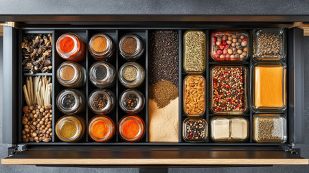 An overhead view of a spice drawer with neatly arranged jars and clear, open space around them. The ample space provides room for easy text placementの素材