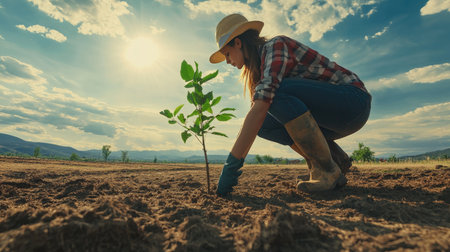 An environmentalist planting a tree in a reforestation area. The empty space around the action and background highlights the importance of tree planting.の素材