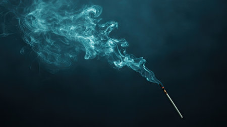 A wispy trail of smoke rising from a burning incense stick. The ethereal smoke forms an abstract design with plenty of room for copy.の素材