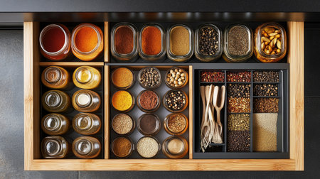 An overhead view of a spice drawer with neatly arranged jars and clear, open space around them. The ample space provides room for easy text placementの素材
