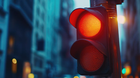 Close-up of a traffic light turning red, with empty space around for copy. The clean, urban background adds to the focus on the signal. -の素材