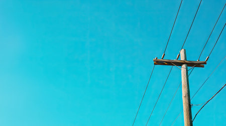 An electric pole with wires and a bright, cloudless sky as the backdrop. The open sky provides plenty of room for text placement.の素材
