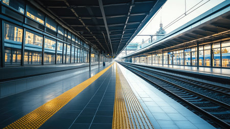 An empty railway platform with a clean, modern train station backdrop. The unobstructed space around the platform provides ample room for adding text.の素材