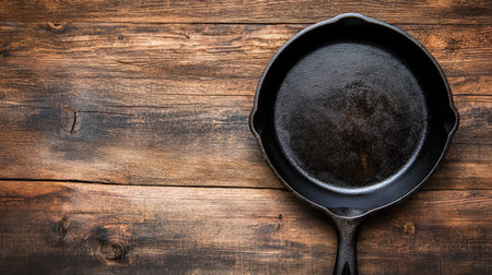 Cast iron skillet on a wooden countertop, with ample copy space around. The rustic kitchen setting emphasizes durability and quality cooking tools.の素材