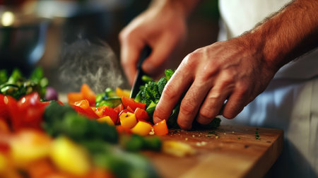 Chef's hands chopping fresh vegetables on a wooden board, with open space for copy on the countertop. The vibrant colors add a healthy, natural vibe.の素材