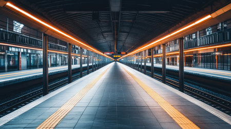 An empty railway platform with a clean, modern train station backdrop. The unobstructed space around the platform provides ample room for adding text.の素材