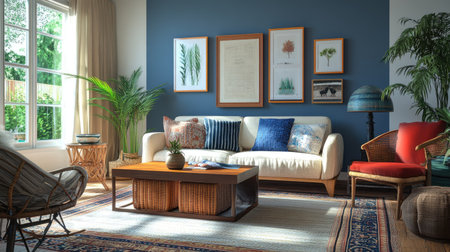 An eclectic living room combining vintage and modern pieces, with a mix of textures, patterns, and colors that reflect a unique personal style.の素材