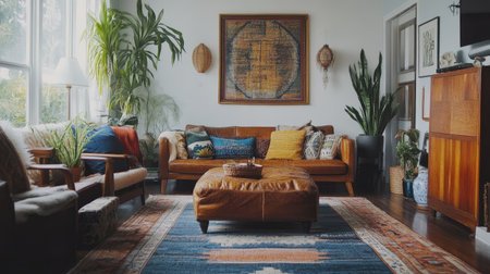 An eclectic living room combining vintage and modern pieces, with a mix of textures, patterns, and colors that reflect a unique personal style.の素材