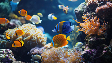 Dynamic shot of sea fish feeding near a coral reef, capturing their movement and interaction in a vibrant marine environmentの素材