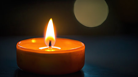 Close-up of a candle flame with a dark background. The clear, unobstructed space around the small flame is perfect for adding textの素材
