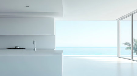 Clean, white kitchen with an open countertop and blank wall, offering space for copy. Bright, natural light fills the room, enhancing the modern lookの素材