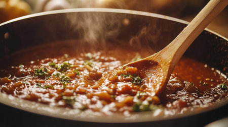 Close-up of a wooden spoon stirring sauce in a pot, with space for copy in the background. The rustic feel adds warmth to the cooking scene.の素材