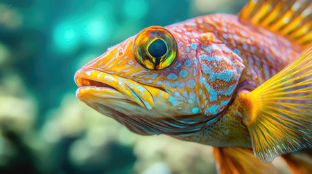 Close-up of a majestic sea fish in crystal-clear water, highlighting its intricate scales and vivid colorsの素材