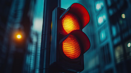 Close-up of a traffic light turning red, with empty space around for copy. The clean, urban background adds to the focus on the signal. -の素材