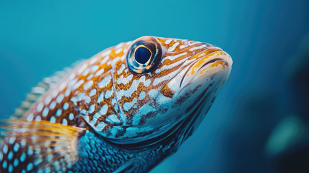 Detailed close-up of a sea fish with an intricate scale pattern, set against a serene blue ocean backdropの素材
