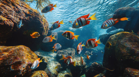 Colorful sea fish swimming near a rocky underwater structure, highlighting their natural habitat and vivid coloration -の素材