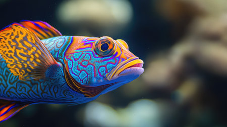 Detailed view of a single tropical sea fish, featuring bright colors and unique patterns against a marine backdropの素材