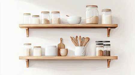 Empty kitchen shelves with a few jars and utensils, providing plenty of space for copy. The simple design emphasizes organization and cleanliness.の素材