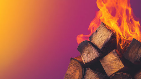 Intense flames leaping from a firewood stack against a gradient background. The contrast between the fire and empty space creates a bold visual.の素材