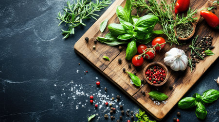 Fresh herbs and spices laid out next to a chopping board, with ample room for copy. The colorful ingredients set the scene for a flavorful meal.の素材