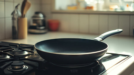Empty frying pan on a stovetop, ready for ingredients, with plenty of blank space for text. A clean kitchen scene ideal for cooking tutorials or recipes.の素材