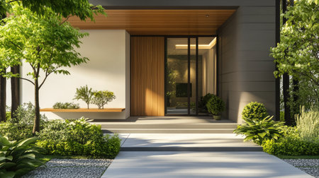 Front porch of a modern house with an open space, perfect for adding copy. Simple, clean architecture with green plants and a minimalist vibe.の素材