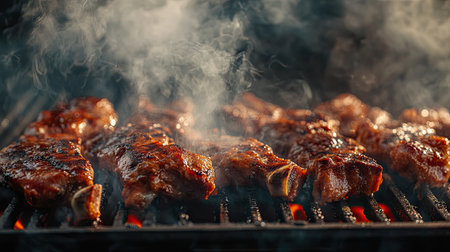 Grilling meat on a barbecue with blank space above for text. The smoky atmosphere and sizzling food create a perfect summer cooking scene.の素材