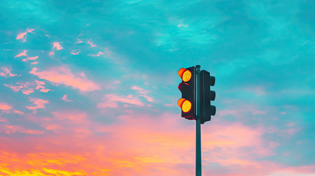 Intersection with a traffic signal, and ample sky space for text. The yellow light warns of an upcoming change, creating a moment of pause.の素材