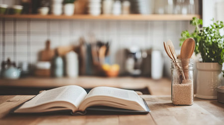 Open cookbook on a kitchen counter with empty space on the side for copy. The inviting setup is perfect for cooking inspiration.の素材