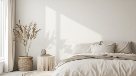 Modern, minimalist bedroom with a blank wall and simple decor, providing a clean canvas for copy or graphics. Soft, neutral tones create a calming vibe.の素材