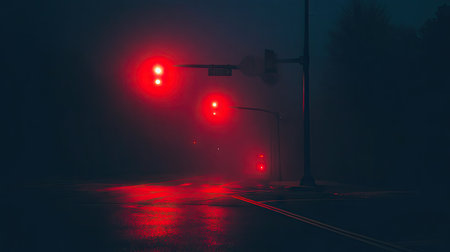 Nighttime traffic light glowing red, with a dark, empty street and space for copy. The light reflects off the road, creating a moody scene.の素材